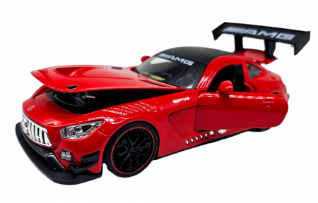 Masini metalice 21-25cm - Masina metalica Mercedes AMG GT-R, cu sunete realistice, farurile si stopurile lumineaza, usile, capota si portbagaj se deschid, baterii incluse, 20cm, Rosu, Replica