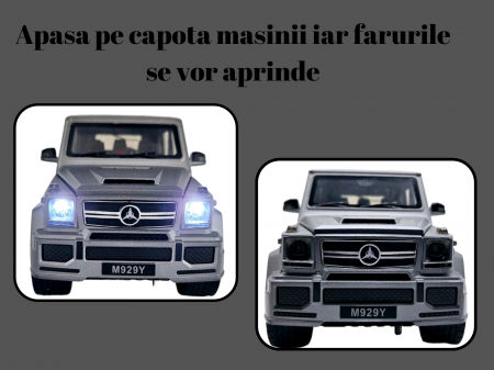 Masina metalica Mercedes G-Class G65, 3 sunete realistice, Farurile lumineaza, Usile, capota si portbagajul se deschid, Baterii incluse,  21cm, Gri, Replica [1]