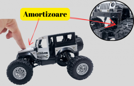 Masina metalica Monster Truck cu telecomanda, Efecte de Fum, Lumini, Usile se deschid, Baterie reincarcabila, Cablu USB, Amortizoare, 22cm, Gri, Ergino [2]