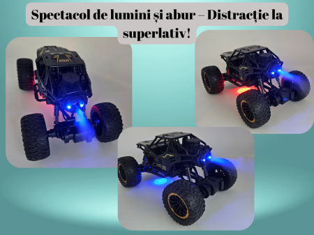 Masina metalica Monster Truck cu Telecomanda, OFF-Road, Efecte de Fum, Suspensii 4x4, Lumini, Baterie Reincarcabila, Cablu USB, 22cm, Negru, Ergino® [2]