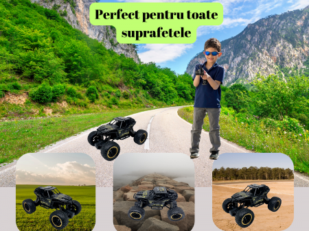 Masina metalica Monster Truck cu Telecomanda, OFF-Road, Efecte de Fum, Suspensii 4x4, Lumini, Baterie Reincarcabila, Cablu USB, 22cm, Negru, Ergino® [6]