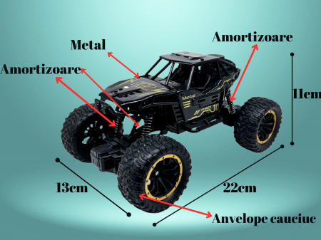 Masina metalica Monster Truck cu Telecomanda, OFF-Road, Efecte de Fum, Suspensii 4x4, Lumini, Baterie Reincarcabila, Cablu USB, 22cm, Negru, Ergino® [3]