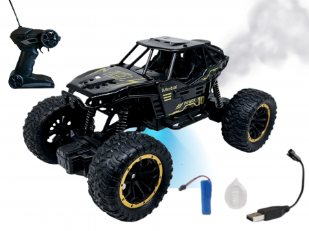 Masini cu telecomanda - Masina metalica Monster Truck cu Telecomanda, OFF-Road, Efecte de Fum, Suspensii 4x4, Lumini, Baterie Reincarcabila, Cablu USB, 22cm, Negru, Ergino®