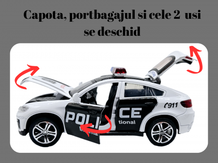 Masina metalica Politie BMW X6, Sunete realistice, Farurile si girofarele lumineaza, Usile, capota si portbagajul se deschid, Baterii incluse, 15cm, Replica [1]