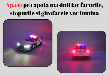 Masina metalica Politie tip BMW M4 Coupe, Sunete si lumini, Usile, capota si portbagajul se deschid, Baterii incluse, 16cm, Scara 1:32, Alb [2]