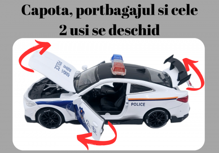 Masina metalica Politie tip BMW M4 Coupe, Sunete si lumini, Usile, capota si portbagajul se deschid, Baterii incluse, 16cm, Scara 1:32, Alb [1]