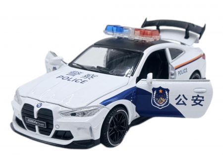 Masini metal 15-16cm - Masina metalica Politie tip BMW M4 Coupe, Sunete si lumini, Usile, capota si portbagajul se deschid, Baterii incluse, 16cm, Scara 1:32, Alb