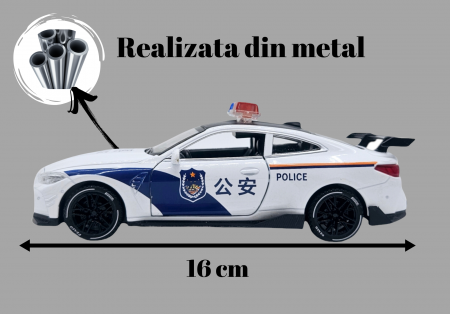 Masina metalica Politie tip BMW M4 Coupe, Sunete si lumini, Usile, capota si portbagajul se deschid, Baterii incluse, 16cm, Scara 1:32, Alb [3]