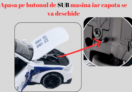 Masina metalica Politie tip BMW M4 Coupe, Sunete si lumini, Usile, capota si portbagajul se deschid, Baterii incluse, 16cm, Scara 1:32, Alb [4]