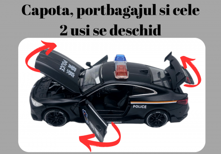 Masina metalica Politie tip BMW M4 Coupe, Sunete si lumini, Usile, capota si portbagajul se deschid, Baterii incluse, 16cm, Scara 1:32, Negru [4]