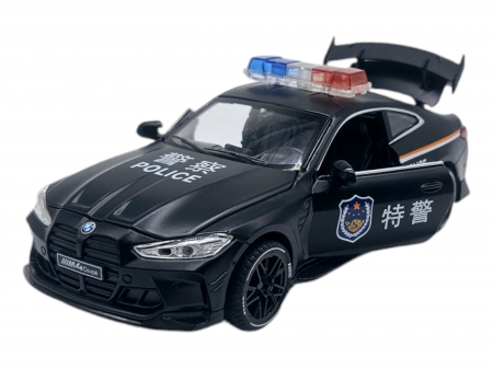 Masini metal 15-16cm - Masina metalica Politie tip BMW M4 Coupe, Sunete si lumini, Usile, capota si portbagajul se deschid, Baterii incluse, 16cm, Scara 1:32, Negru