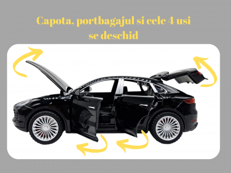 Masina metalica Porsche Cayenne GTS, Sunete realistice, Farurile si stopurile lumineaza, Usile, capota si portbagajul se deschid, Baterii incluse, 21cm, Negru, Replica [1]