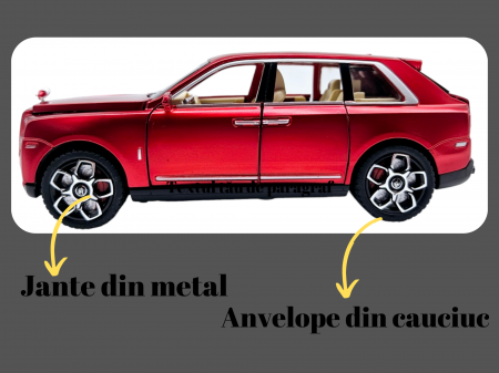 Masina metalica Rolls Royce Cullinan cu efecte de fum, Sunete realistice, Farurile si stopurile lumineaza, Capota, portbagajul si cele 4 usi se deschid, Baterii incluse, 21cm, Rosu, Fara cutie, Replic [4]
