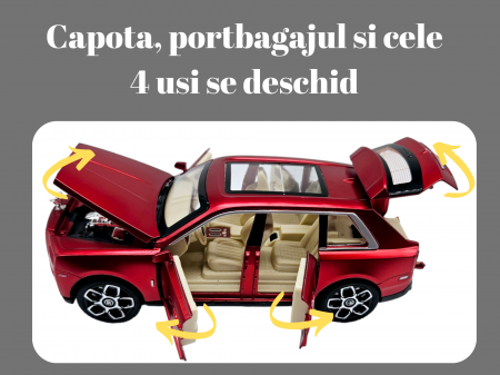Masina metalica Rolls Royce Cullinan cu efecte de fum, Sunete realistice, Farurile si stopurile lumineaza, Capota, portbagajul si cele 4 usi se deschid, Baterii incluse, 21cm, Rosu, Fara cutie, Replic [2]