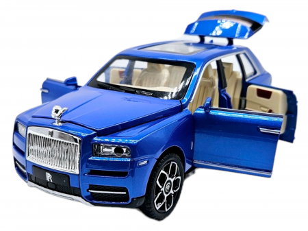 Masini metalice 21-25cm - Masina metalica Rolls Royce Cullinan cu efecte de fum, Sunete realistice, Farurile si stopurile lumineaza, Capota, portbagajul si cele 4 usi se deschid, Baterii incluse, 21cm, Albastru, Fara cutie, Re