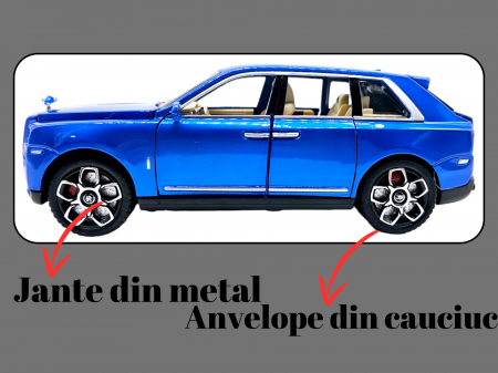 Masina metalica Rolls Royce Cullinan cu efecte de fum, Sunete realistice, Farurile si stopurile lumineaza, Capota, portbagajul si cele 4 usi se deschid, Baterii incluse, 21cm, Albastru, Fara cutie, Re [4]