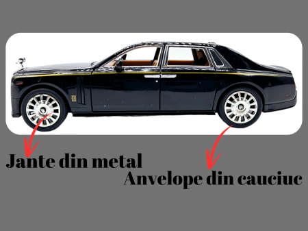 Masina metalica Rolls Royce Limuzina Gold , 3 sunete realistice, Farurile si stopurile lumineaza, Usile, capota si portbagajul se deschid, Baterii incluse, 20cm, Negru, Scara 1:24, Replica [3]