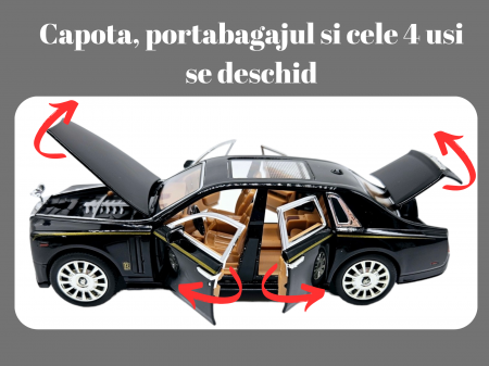 Masina metalica Rolls Royce Limuzina Gold , 3 sunete realistice, Farurile si stopurile lumineaza, Usile, capota si portbagajul se deschid, Baterii incluse, 20cm, Negru, Scara 1:24, Replica [1]
