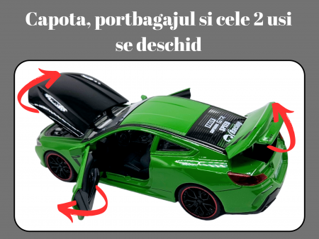Masina metalica tip BMW M8 cu 3 sunete realistice, Farurile si stopurile lumineaza, Usile, capota si portbagajul se deschid, Baterii incluse, 22cm, Verde, Scara 1:24 [1]