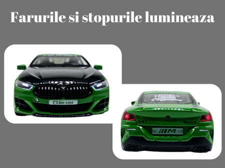 Masina metalica tip BMW M8 cu 3 sunete realistice, Farurile si stopurile lumineaza, Usile, capota si portbagajul se deschid, Baterii incluse, 22cm, Verde, Scara 1:24 [3]