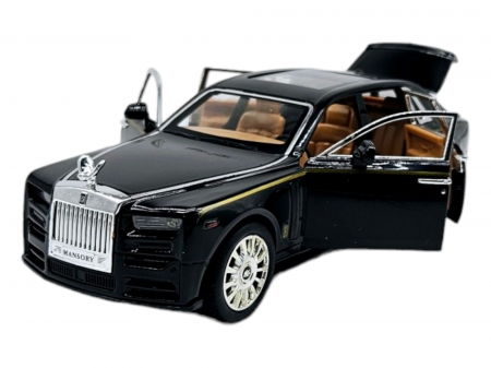 Masini metalice 21-25cm - Masina metalica Rolls Royce Limuzina Gold , 3 sunete realistice, Farurile si stopurile lumineaza, Usile, capota si portbagajul se deschid, Baterii incluse, 20cm, Negru, Scara 1:24, Replica