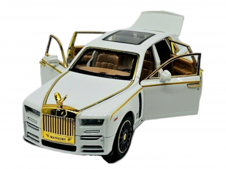Masini metalice 21-25cm - Masina metalica Rolls Royce Limuzina Gold , 3 sunete realistice, Farurile si stopurile lumineaza, Usile, capota si portbagajul se deschid, Baterii incluse, 20cm, Alb, Scara 1:24, Replica