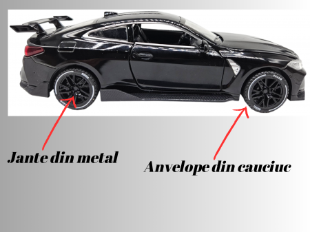 Masina metalica tip BMW M4, Usi mobile, Capota si portbagaj care se deschid, Sunete si lumini, Baterii incluse, Scara 1:32, Negru, 16cm, Replica [4]
