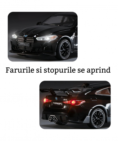 Masina metalica tip BMW M4, Usi mobile, Capota si portbagaj care se deschid, Sunete si lumini, Baterii incluse, Scara 1:32, Negru, 16cm, Replica [3]