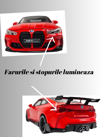 Masina metalica tip BMW M4, Usi mobile, Capota si portbagaj care se deschid, Sunete si lumini, Baterii incluse, Scara 1:32, Rosu, 16cm, Replica [3]