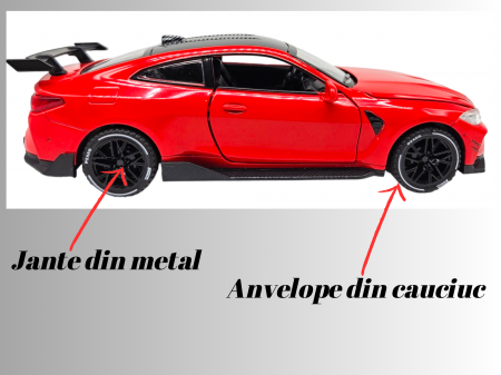Masina metalica tip BMW M4, Usi mobile, Capota si portbagaj care se deschid, Sunete si lumini, Baterii incluse, Scara 1:32, Rosu, 16cm, Replica [4]