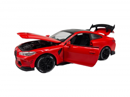 Masina metalica tip BMW M4, Usi mobile, Capota si portbagaj care se deschid, Sunete si lumini, Baterii incluse, Scara 1:32, Rosu, 16cm, Replica [10]