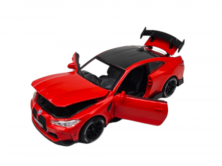 Masini metal 15-16cm - Masina metalica tip BMW M4, Usi mobile, Capota si portbagaj care se deschid, Sunete si lumini, Baterii incluse, Scara 1:32, Rosu, 16cm, Replica