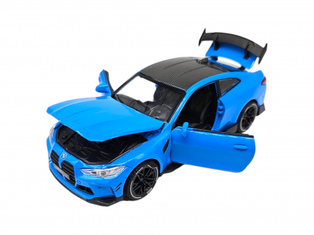 Masini metal 15-16cm - Masina metalica tip BMW M4, Usi mobile, Capota si portbagaj care se deschid, Sunete si lumini, Baterii incluse, Scara 1:32, Albastru, 16cm, Replica