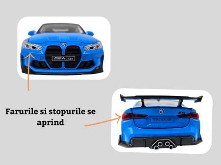 Masina metalica tip BMW M4, Usi mobile, Capota si portbagaj care se deschid, Sunete si lumini, Baterii incluse, Scara 1:32, Albastru, 16cm, Replica [3]