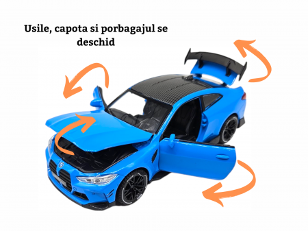 Masina metalica tip BMW M4, Usi mobile, Capota si portbagaj care se deschid, Sunete si lumini, Baterii incluse, Scara 1:32, Albastru, 16cm, Replica [5]