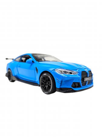 Masina metalica tip BMW M4, Usi mobile, Capota si portbagaj care se deschid, Sunete si lumini, Baterii incluse, Scara 1:32, Albastru, 16cm, Replica [7]