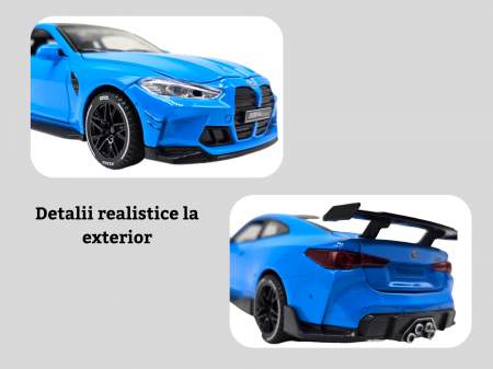 Masina metalica tip BMW M4, Usi mobile, Capota si portbagaj care se deschid, Sunete si lumini, Baterii incluse, Scara 1:32, Albastru, 16cm, Replica [1]