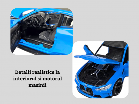 Masina metalica tip BMW M4, Usi mobile, Capota si portbagaj care se deschid, Sunete si lumini, Baterii incluse, Scara 1:32, Albastru, 16cm, Replica [2]