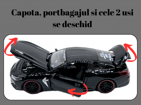 Masina metalica tip BMW M8 cu 3 sunete realistice, Farurile si stopurile lumineaza, Usile, capota si portbagajul se deschid, Baterii incluse, 22cm, Negru, Scara 1:24 [1]