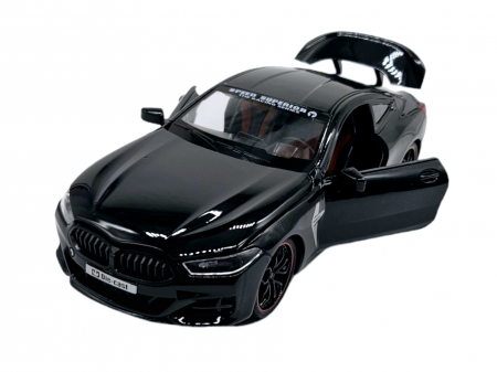 Masini metalice 21-25cm - Masina metalica tip BMW M8 cu 3 sunete realistice, Farurile si stopurile lumineaza, Usile, capota si portbagajul se deschid, Baterii incluse, 22cm, Negru, Scara 1:24