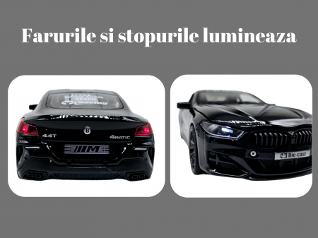 Masina metalica tip BMW M8 cu 3 sunete realistice, Farurile si stopurile lumineaza, Usile, capota si portbagajul se deschid, Baterii incluse, 22cm, Negru, Scara 1:24 [3]