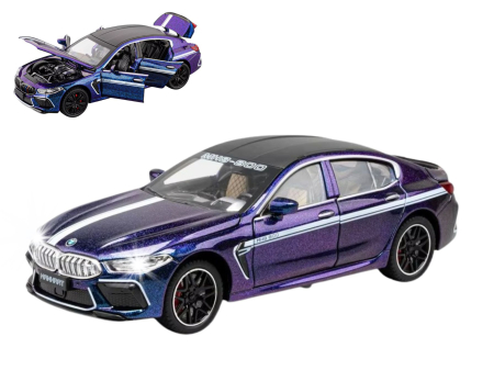 Masini metalice 21-25cm - Masina metalica tip BMW M8, Sunete realistice, Farurile si stopurile lumineaza, Usile si capota se deschid, Anvelope cauciuc, Claxon Functional Baterii incluse, 21cm, Mov-Cameleon, Scara 1:24