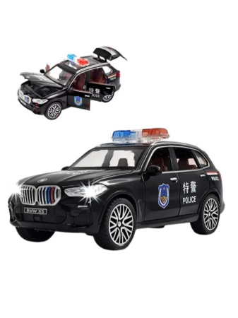 Masini metal 15-16cm - Masina Metalica tip BMW X5 Politie, Usile se deschid, Sunete, Lumini, Pull-back, 16cm, Negru