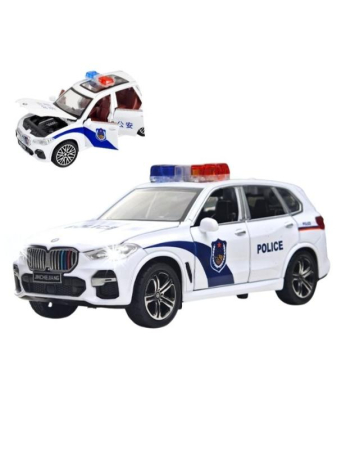 Masini metal 15-16cm - Masina Metalica tip BMW X5 Politie, Usile se deschid, Sunete, Lumini, Pull-back, 16cm, Alb