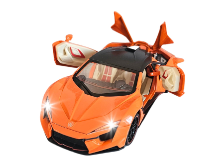 Masini metalice 21-25cm - Masina metalica tip Lykan Hypercar, Farurile si stopurile lumineaza, Usile si capota se deschid, Claxonul Functioneaza, Anvelope cauciuc, Baterii incluse, 21cm, Portocaliu, Scara 1:24
