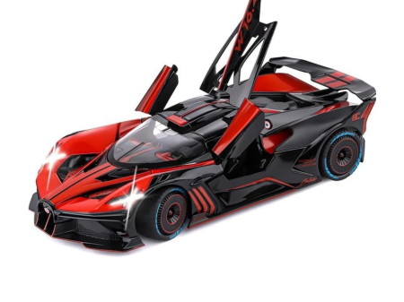 Masini metalice 21-25cm - Masina metalica tip Bugatti Hypercar, Sunete realistice, Farurile si stopurile lumineaza, Usile si capota se deschid, Claxonul functioneaza, Baterii incluse, 21cm, Negru-Rosu, Scara 1:24