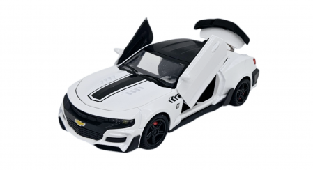 Masini metal 15-16cm - Masina metalica tip Chevrolet Camaro, Sunete realistice, Farurile si stopurile lumineaza, Usile, capota si portbagajul se deschid, Alb, 16cm, Scara 1:32