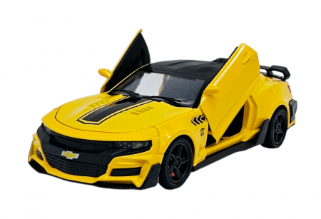 Masini metal 15-16cm - Masina metalica tip Chevrolet Camaro, Sunete realistice, Farurile si stopurile lumineaza, Usile, capota si portbagajul se deschid,, Galben, 16cm, Scara 1:32
