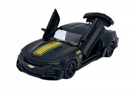 Masini metal 15-16cm - Masina metalica tip Chevrolet Camaro, Sunete realistice, Farurile si stopurile lumineaza, Usile, capota si portbagajul se deschid, Negru, 16cm, Scara 1:32