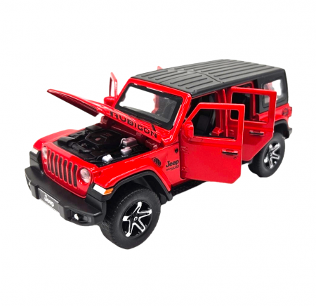Masini metal 15-16cm - Masina metalica Jeep Rubicon, Sunete realistice, Farurile si stopurile lumineaza, Usile, capota si portbagajul se deschid, Baterii incluse, 15cm, Rosu, Scara 1:32, Replica